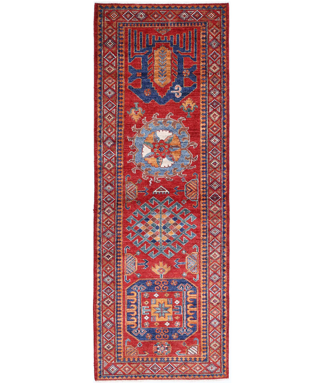 Hand Knotted Nomadic Caucasian Humna Wool Rug - 2&#39;9&#39;&#39; x 7&#39;11&#39;&#39; 2&#39;9&#39;&#39; x 7&#39;11&#39;&#39; (83 X 238) / Red / Gold