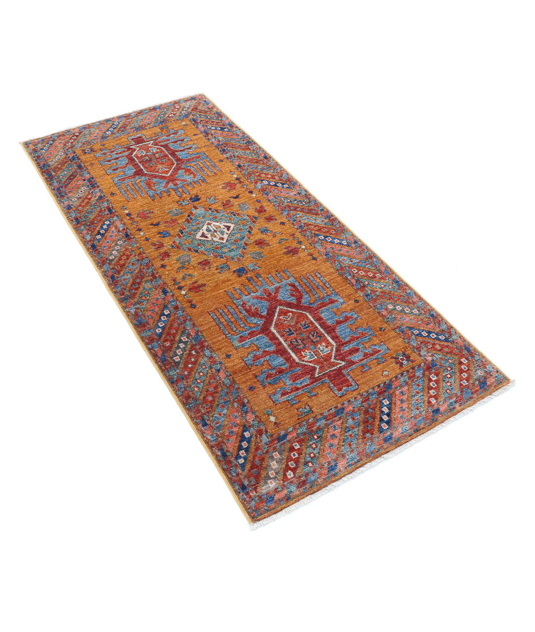 Hand Knotted Nomadic Caucasian Humna Wool Rug - 2'8'' x 5'9'' 2'8'' x 5'9'' (80 X 173) / Gold / Multi