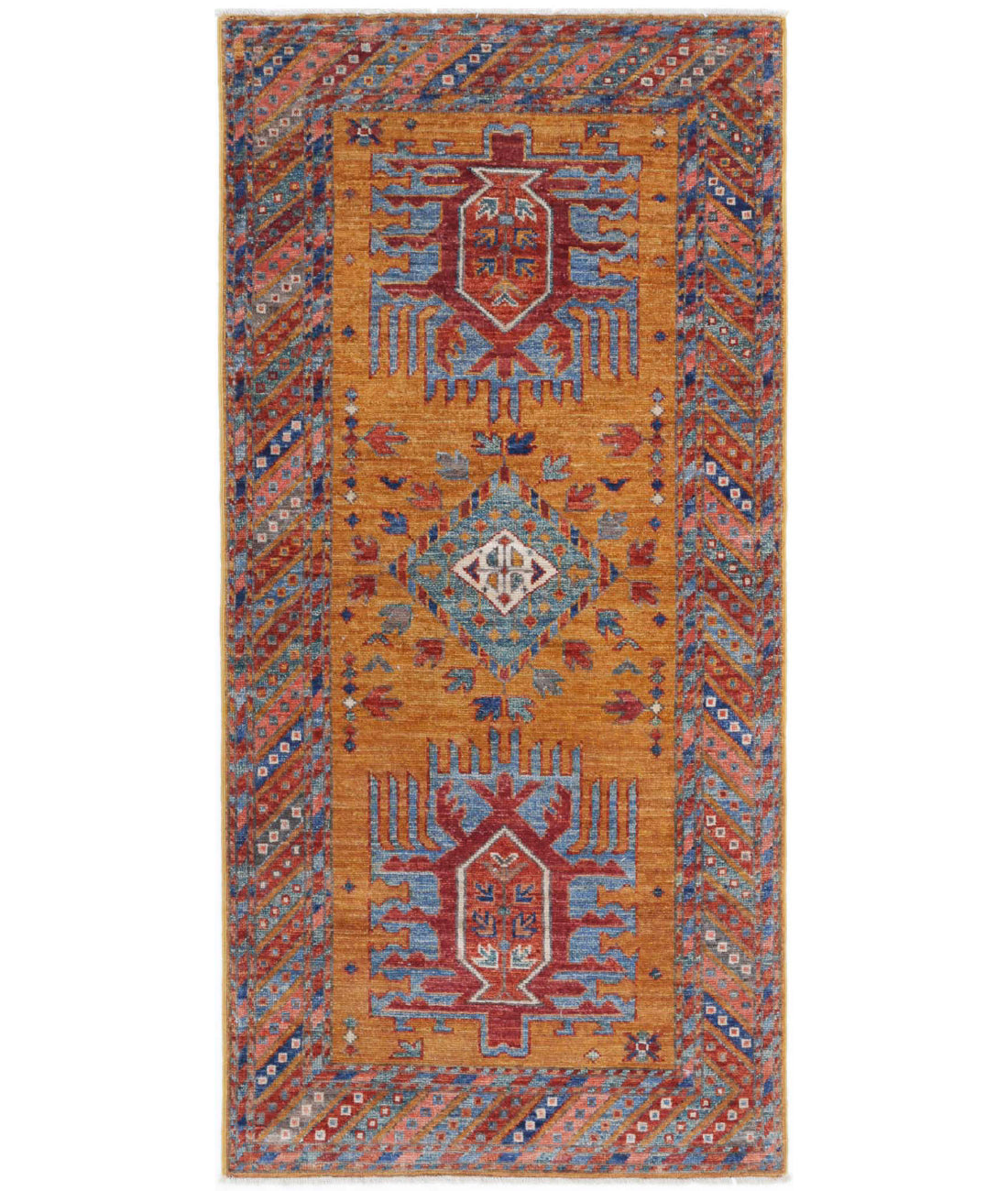 Hand Knotted Nomadic Caucasian Humna Wool Rug - 2&#39;8&#39;&#39; x 5&#39;9&#39;&#39; 2&#39;8&#39;&#39; x 5&#39;9&#39;&#39; (80 X 173) / Gold / Multi