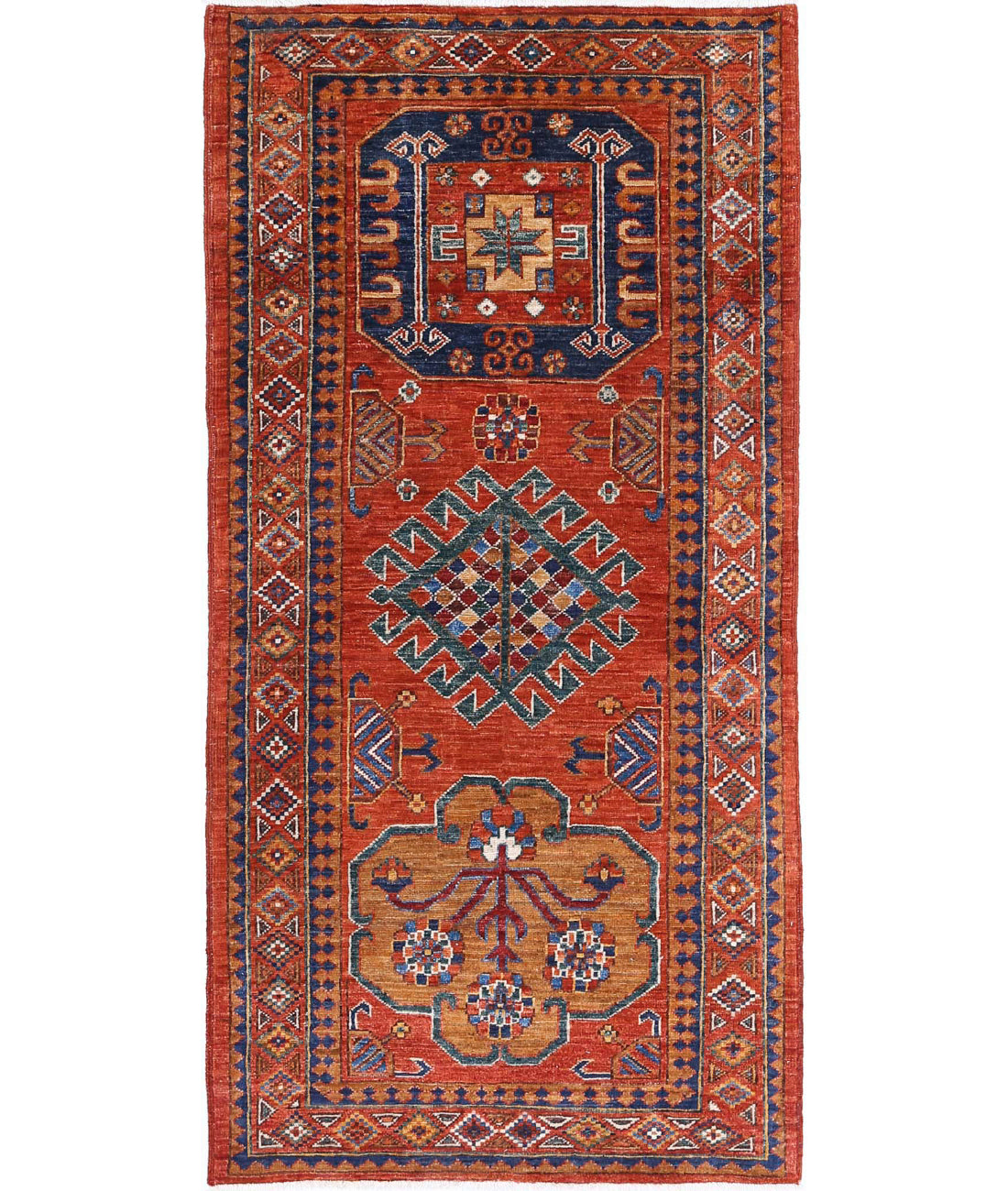 Hand Knotted Nomadic Caucasian Humna Wool Rug - 2&#39;8&#39;&#39; x 5&#39;9&#39;&#39; 2&#39;8&#39;&#39; x 5&#39;9&#39;&#39; (80 X 173) / Rust / Gold