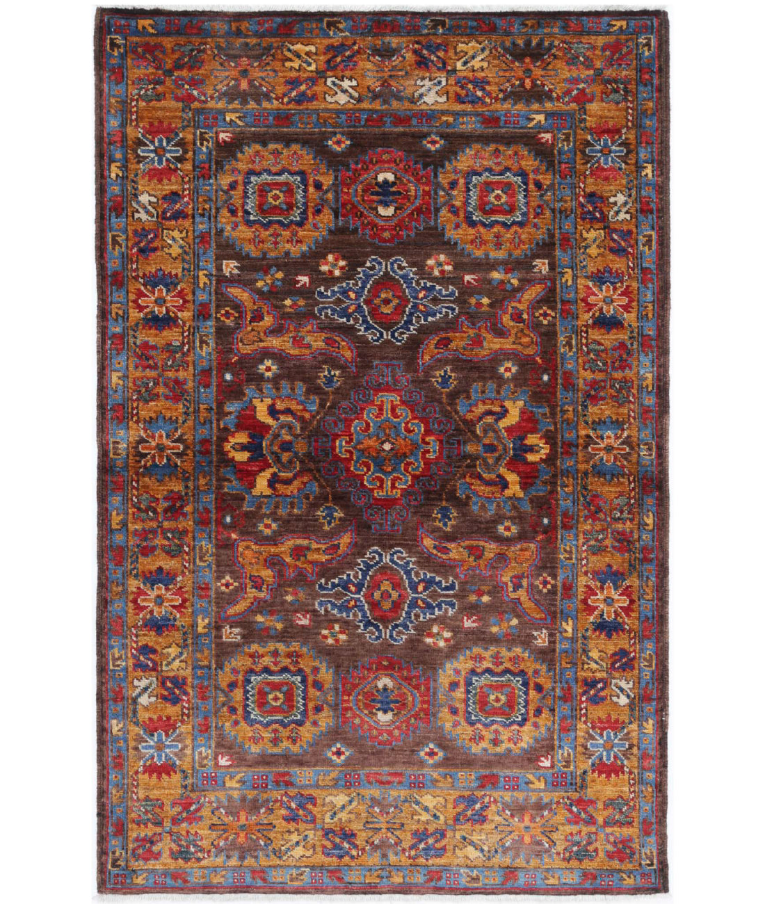 Hand Knotted Nomadic Caucasian Humna Wool Rug - 2&#39;11&#39;&#39; x 4&#39;9&#39;&#39; 2&#39;11&#39;&#39; x 4&#39;9&#39;&#39; (88 X 143) / Brown / Gold