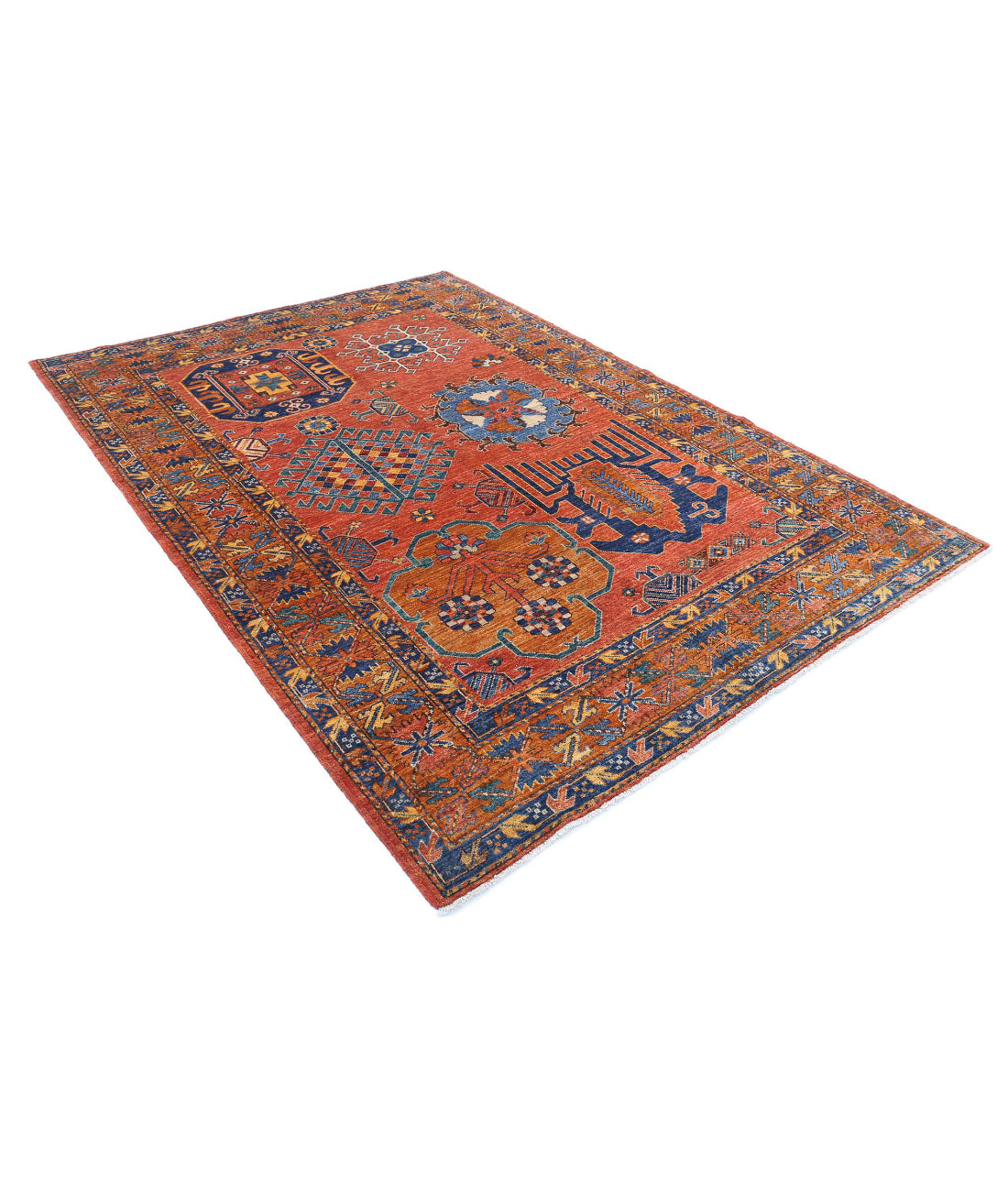 Hand Knotted Nomadic Caucasian Humna Wool Rug - 5'10'' x 8'3'' 5'10'' x 8'3'' (175 X 248) / Red / Taupe