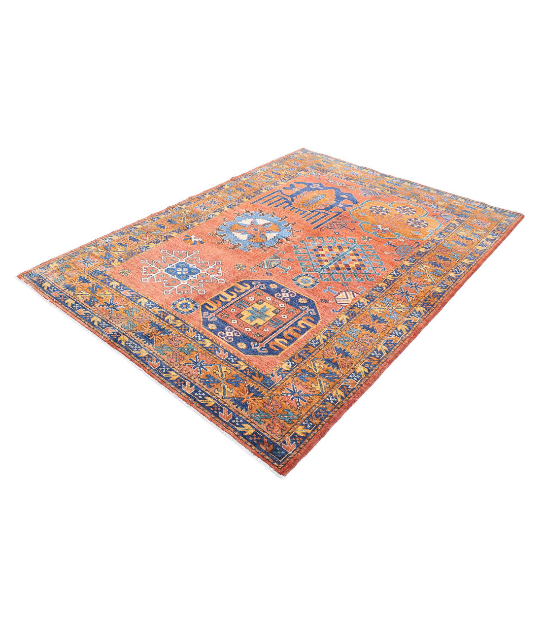 Hand Knotted Nomadic Caucasian Humna Wool Rug - 5'10'' x 8'3'' 5'10'' x 8'3'' (175 X 248) / Red / Taupe
