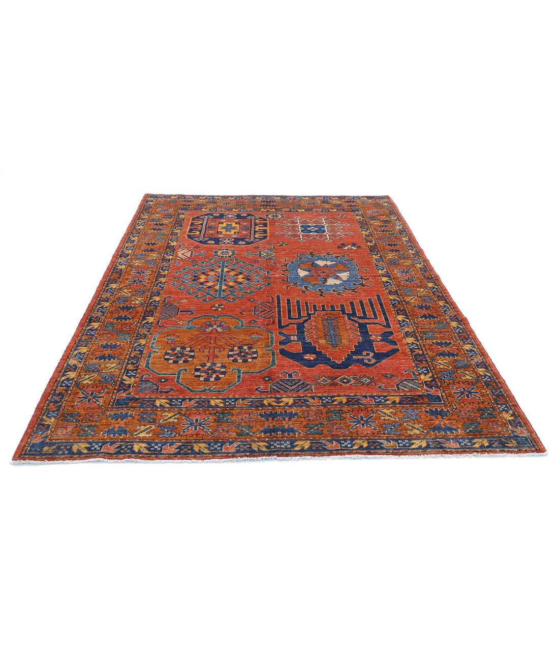 Hand Knotted Nomadic Caucasian Humna Wool Rug - 5'10'' x 8'3'' 5'10'' x 8'3'' (175 X 248) / Red / Taupe