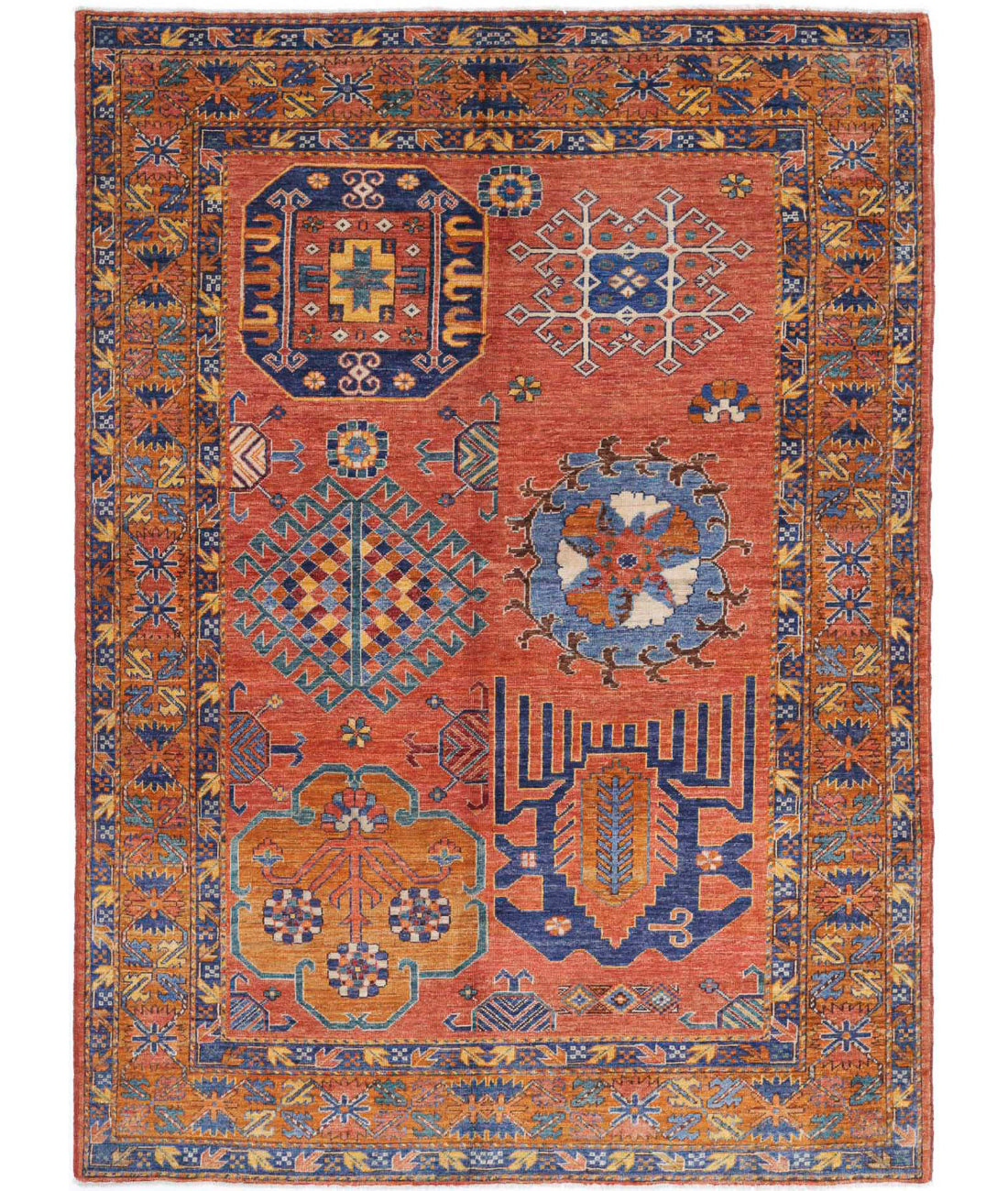 Hand Knotted Nomadic Caucasian Humna Wool Rug - 5&#39;10&#39;&#39; x 8&#39;3&#39;&#39; 5&#39;10&#39;&#39; x 8&#39;3&#39;&#39; (175 X 248) / Red / Taupe