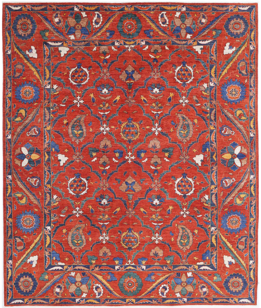 Hand Knotted Nomadic Caucasian Humna Wool Rug - 8&#39;4&#39;&#39; x 10&#39;1&#39;&#39; 8&#39;4&#39;&#39; x 10&#39;1&#39;&#39; (250 X 303) / Red / Blue