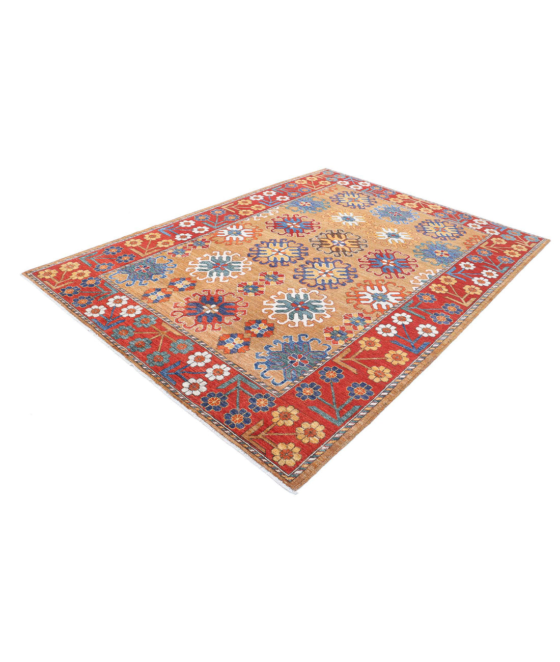 Hand Knotted Nomadic Caucasian Humna Wool Rug - 6'10'' x 9'5'' 6'10'' x 9'5'' (205 X 283) / Gold / Red