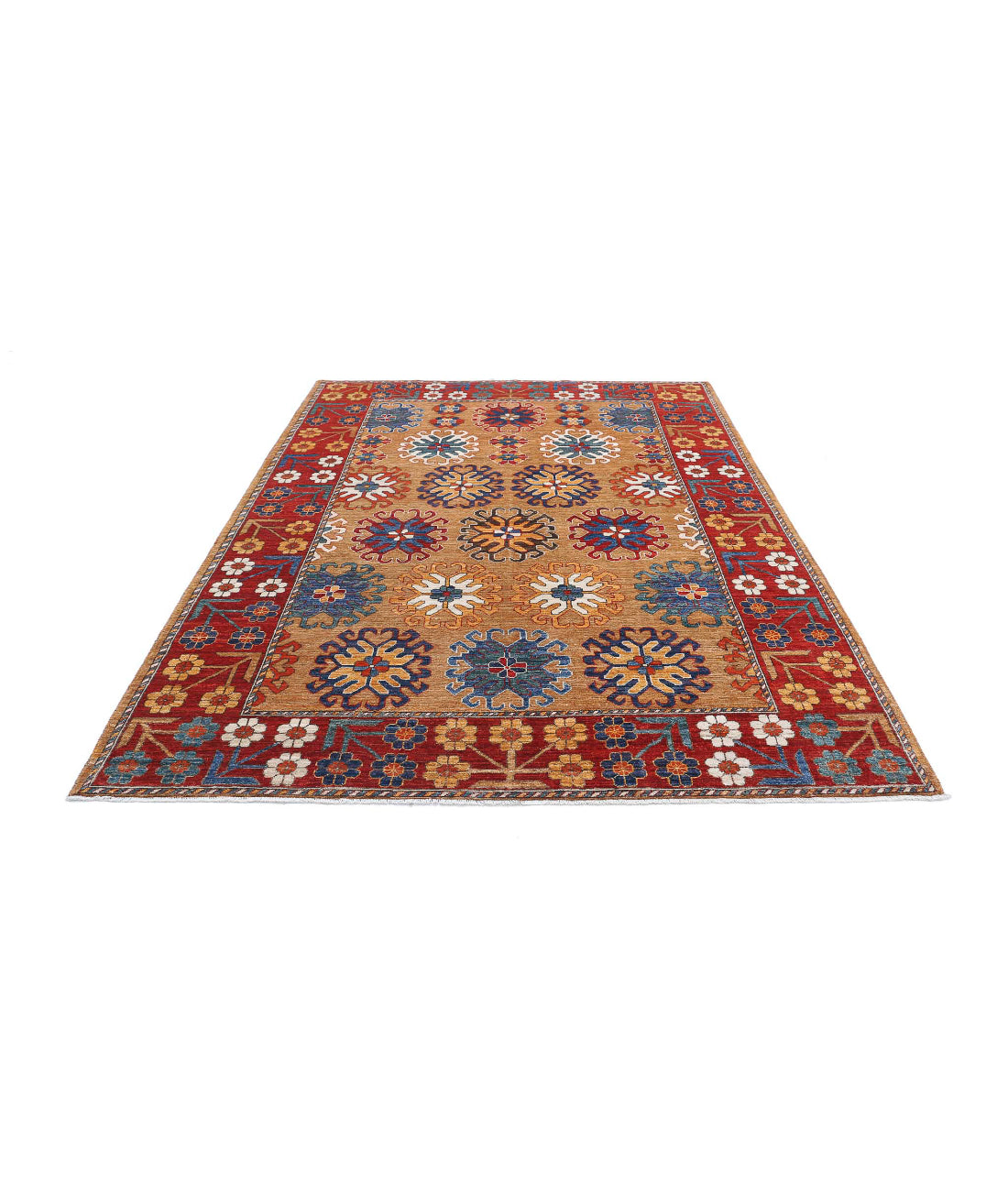 Hand Knotted Nomadic Caucasian Humna Wool Rug - 6'10'' x 9'5'' 6'10'' x 9'5'' (205 X 283) / Gold / Red