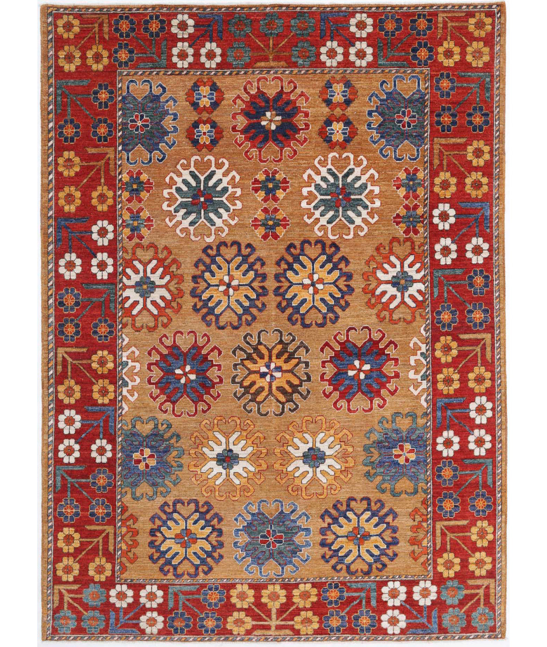 Hand Knotted Nomadic Caucasian Humna Wool Rug - 6&#39;10&#39;&#39; x 9&#39;5&#39;&#39; 6&#39;10&#39;&#39; x 9&#39;5&#39;&#39; (205 X 283) / Gold / Red