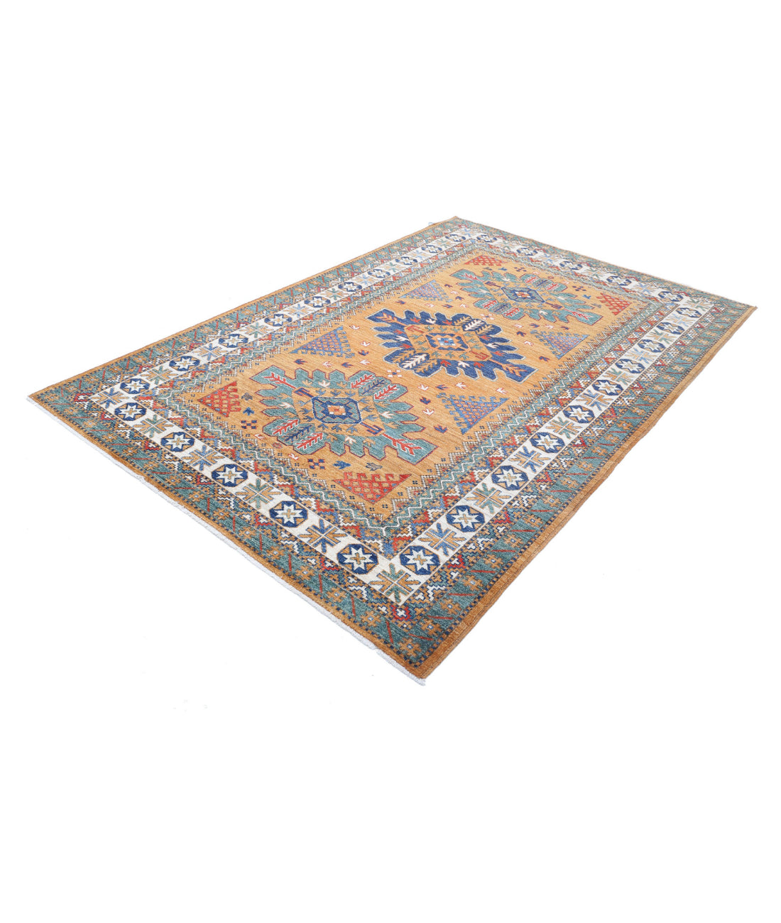 Hand Knotted Nomadic Caucasian Humna Wool Rug - 5'11'' x 9'0'' 5'11'' x 9'0'' (178 X 270) / Gold / Ivory