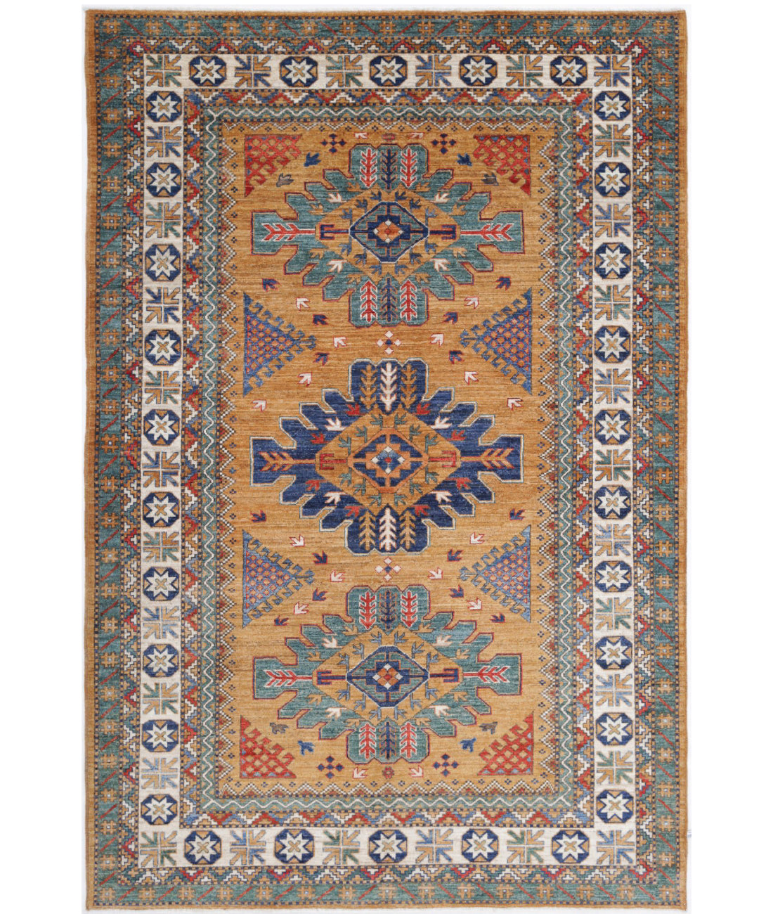 Hand Knotted Nomadic Caucasian Humna Wool Rug - 5'11'' x 9'0'' 5'11'' x 9'0'' (178 X 270) / Gold / Ivory