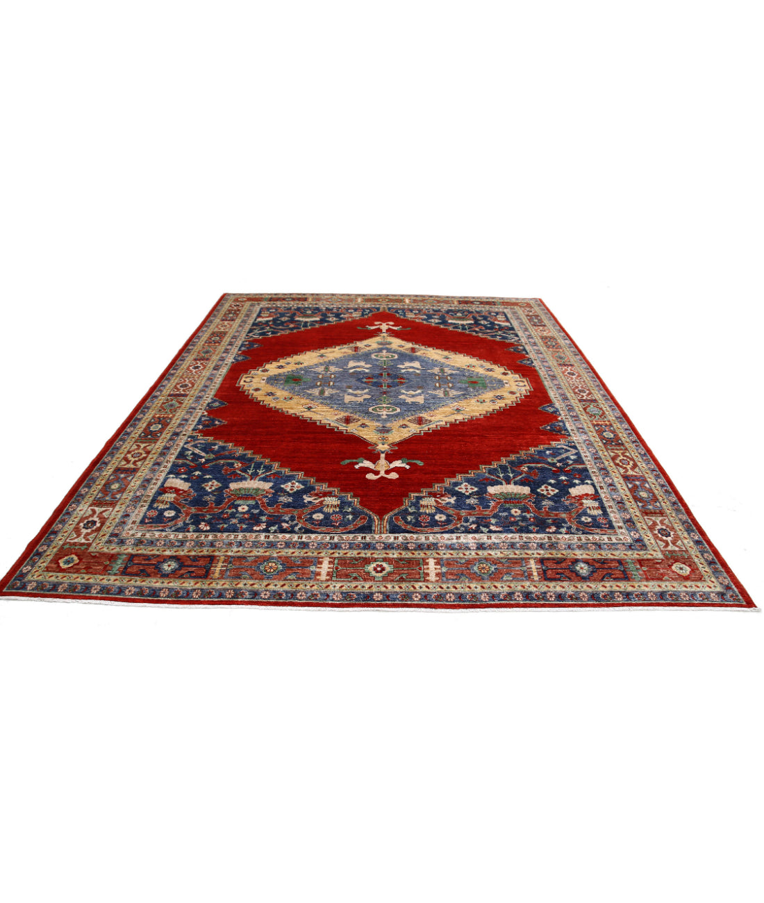 Hand Knotted Nomadic Caucasian Humna Wool Rug - 9'0'' x 11'8'' 9'0'' x 11'8'' (270 X 350) / Red / Blue