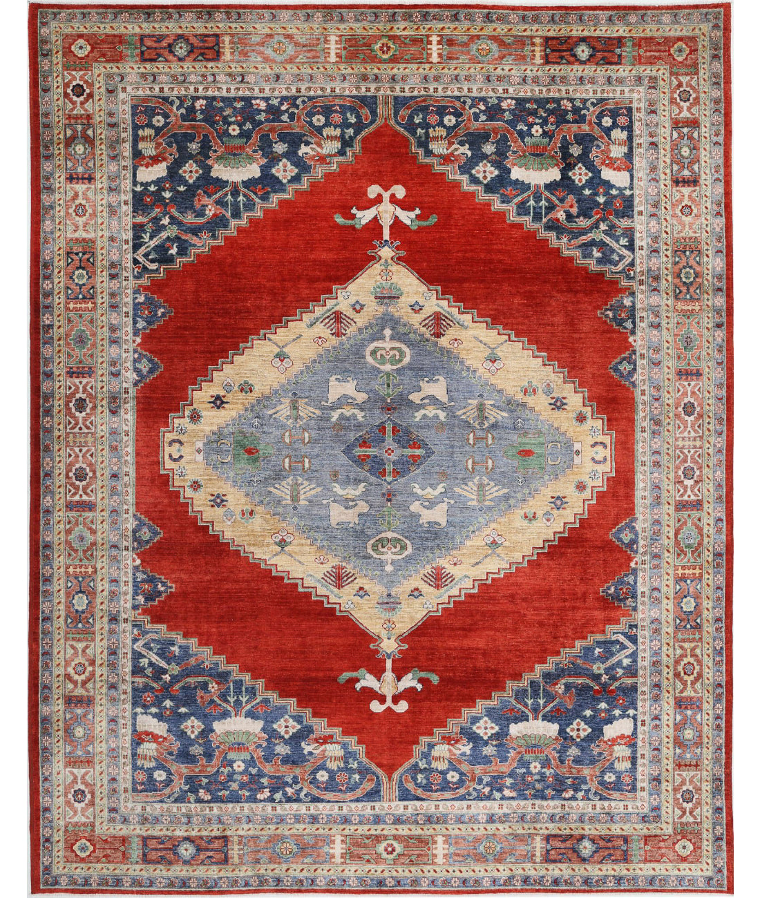 Hand Knotted Nomadic Caucasian Humna Wool Rug - 9&#39;0&#39;&#39; x 11&#39;8&#39;&#39; 9&#39;0&#39;&#39; x 11&#39;8&#39;&#39; (270 X 350) / Red / Blue