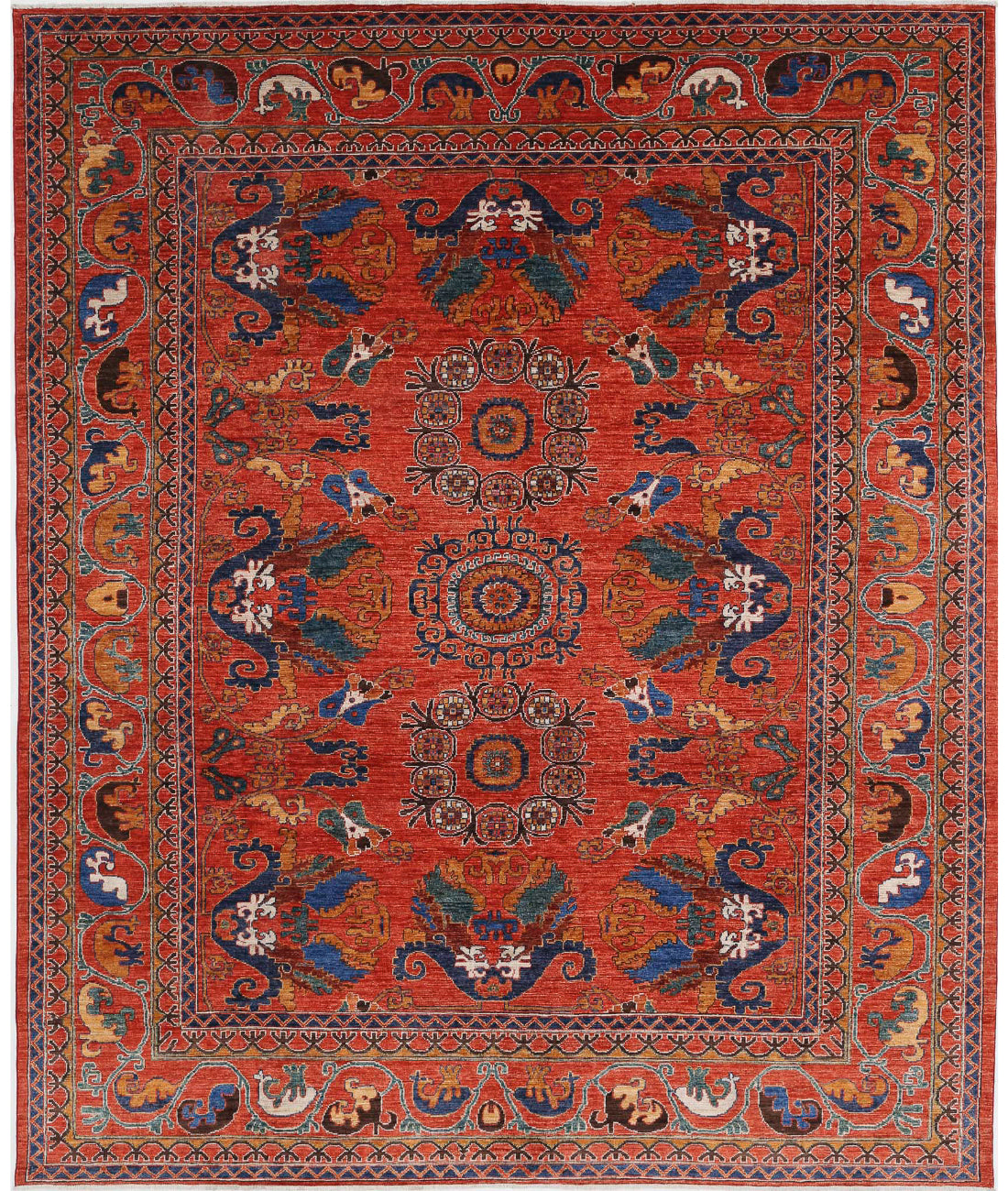 Hand Knotted Nomadic Caucasian Humna Wool Rug - 8&#39;4&#39;&#39; x 9&#39;11&#39;&#39; 8&#39;4&#39;&#39; x 9&#39;11&#39;&#39; (250 X 298) / Red / Red