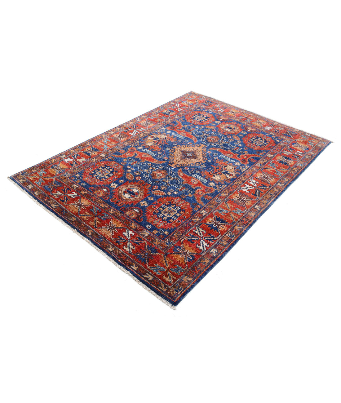 Hand Knotted Nomadic Caucasian Humna Wool Rug - 4'11'' x 6'9'' 4'11'' x 6'9'' (148 X 203) / Blue / Red