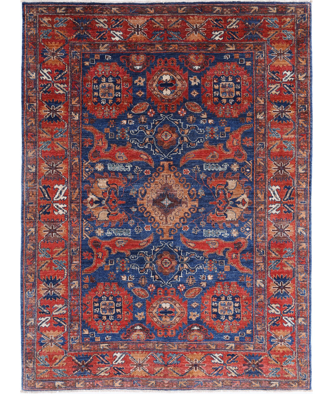 Hand Knotted Nomadic Caucasian Humna Wool Rug - 4&#39;11&#39;&#39; x 6&#39;9&#39;&#39; 4&#39;11&#39;&#39; x 6&#39;9&#39;&#39; (148 X 203) / Blue / Red