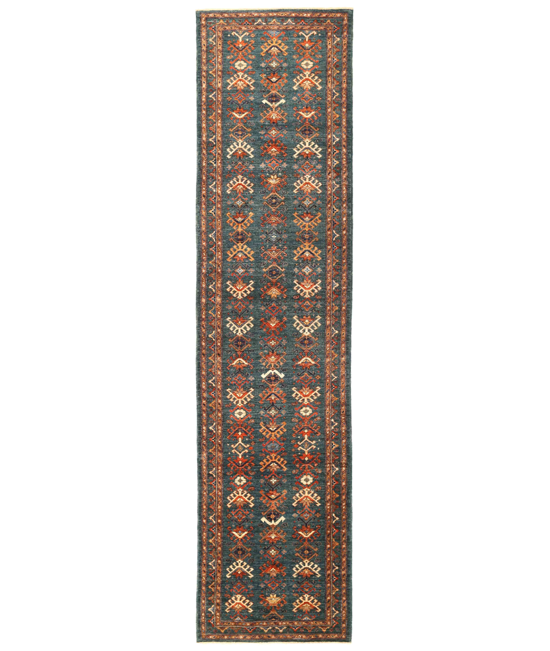 Hand Knotted Humna Wool Rug 2' 11" X 12' 7" 2' 11" X 12' 7" (89 X 383) / Teal / Rust