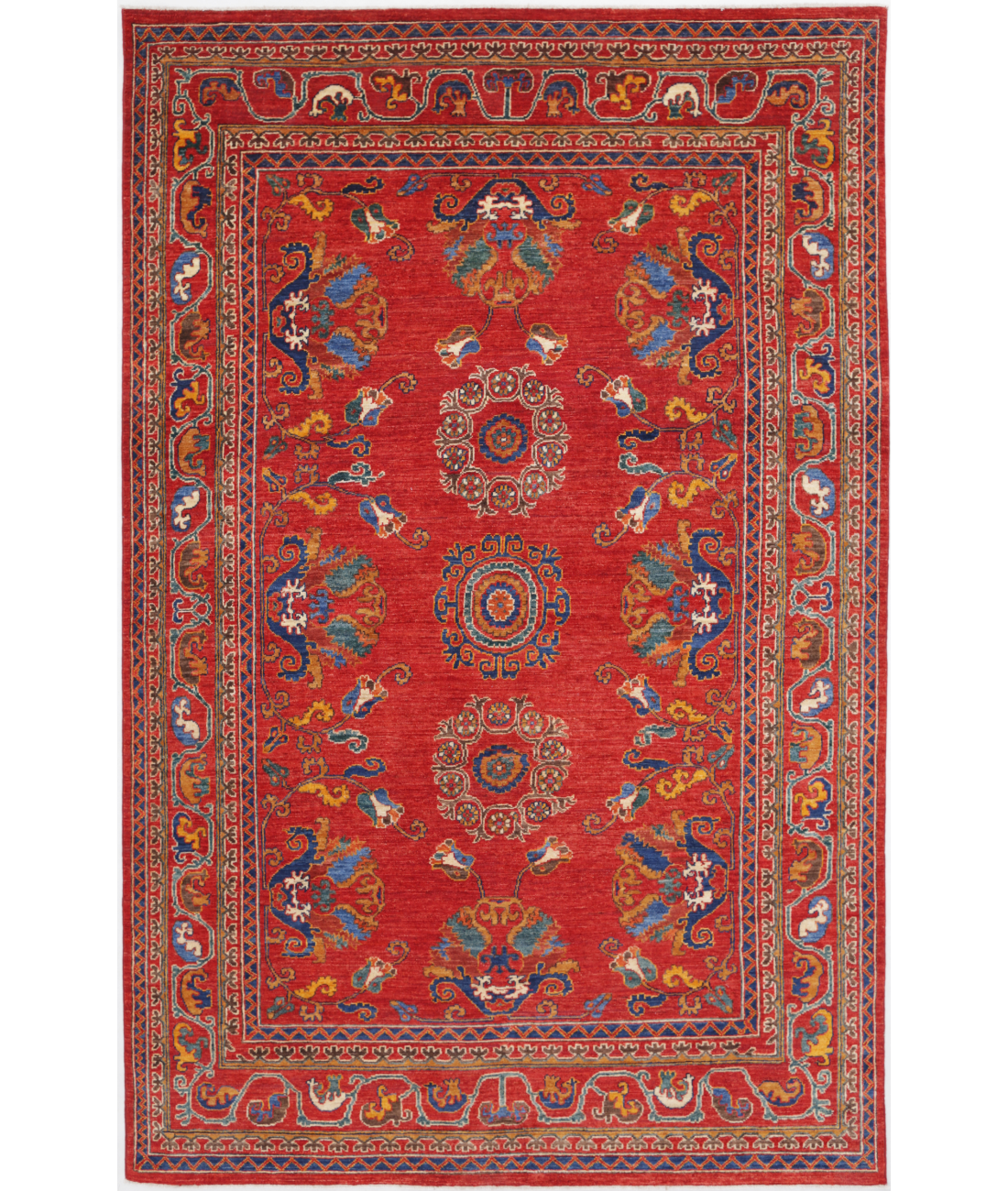 Hand Knotted Humna Wool Rug 6' 1" X 9' 7" 6' 1" X 9' 7" (185 X 292) / Red / Blue