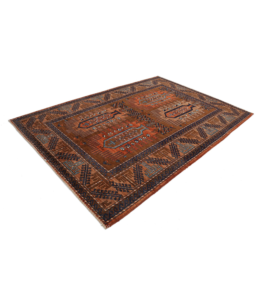 Hand Knotted Nomadic Caucasian Humna Wool Rug - 6'0'' x 8'9'' 6'0'' x 8'9'' (180 X 263) / Rust / Blue