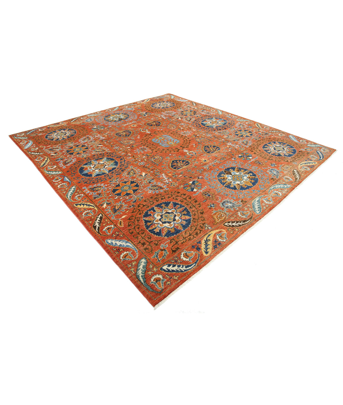 Hand Knotted Nomadic Caucasian Humna Wool Rug - 9'8'' x 10'4'' 9'8'' x 10'4'' (290 X 310) / Rust / Blue