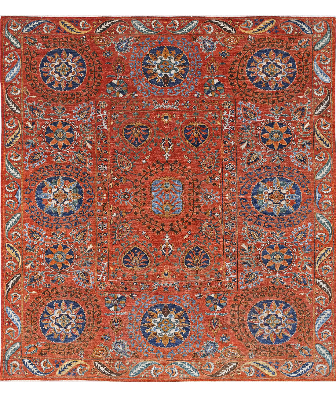 Hand Knotted Nomadic Caucasian Humna Wool Rug - 9&#39;8&#39;&#39; x 10&#39;4&#39;&#39; 9&#39;8&#39;&#39; x 10&#39;4&#39;&#39; (290 X 310) / Rust / Blue