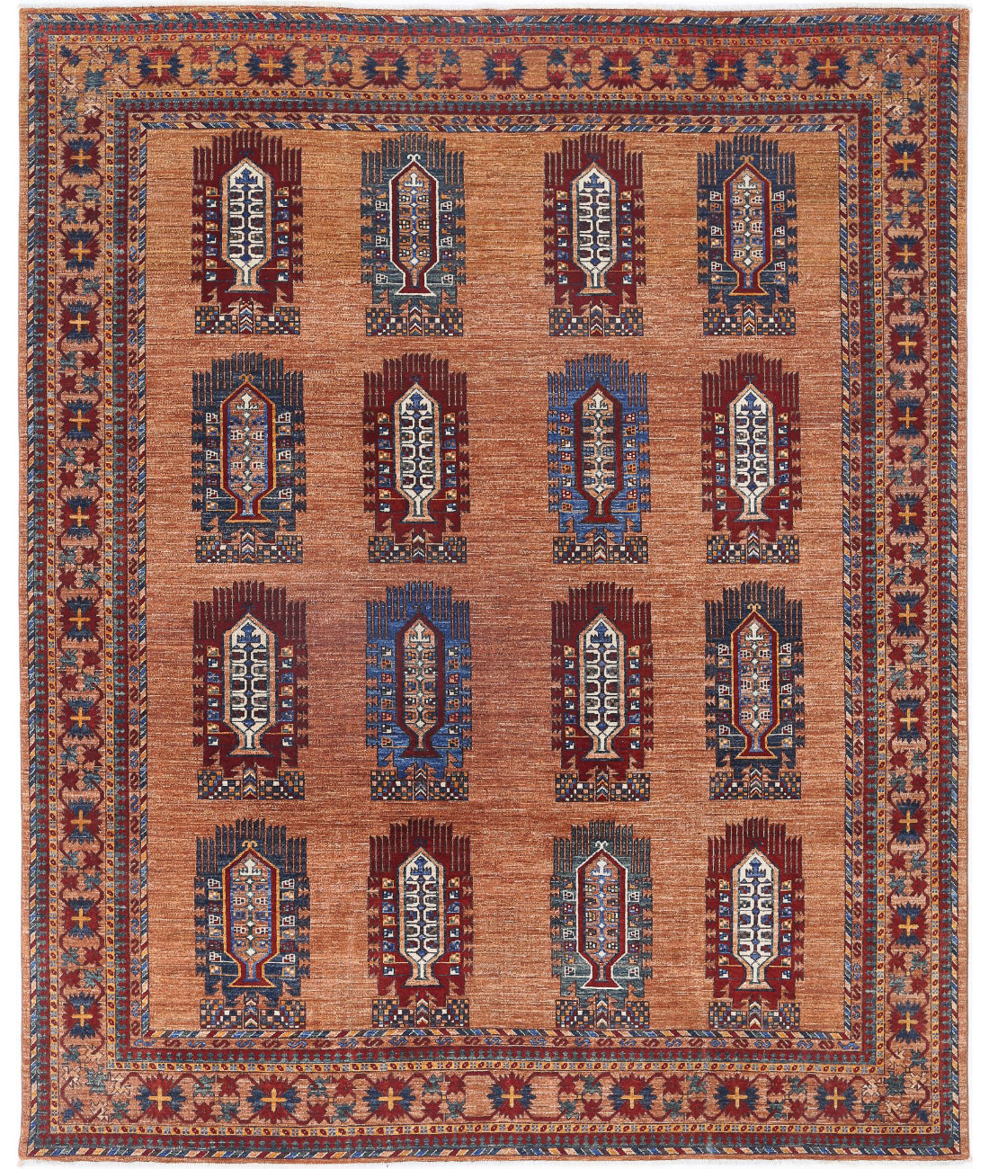 Hand Knotted Nomadic Caucasian Humna Wool Rug - 8'1'' x 10'0'' 8'1'' x 10'0'' (243 X 300) / Brown / Red