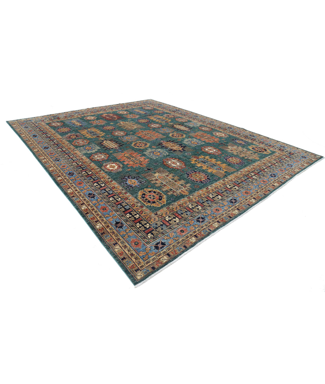 Hand Knotted Nomadic Caucasian Humna Wool Rug - 11'9'' x 14'7'' 11'9'' x 14'7'' (353 X 438) / Green / Blue