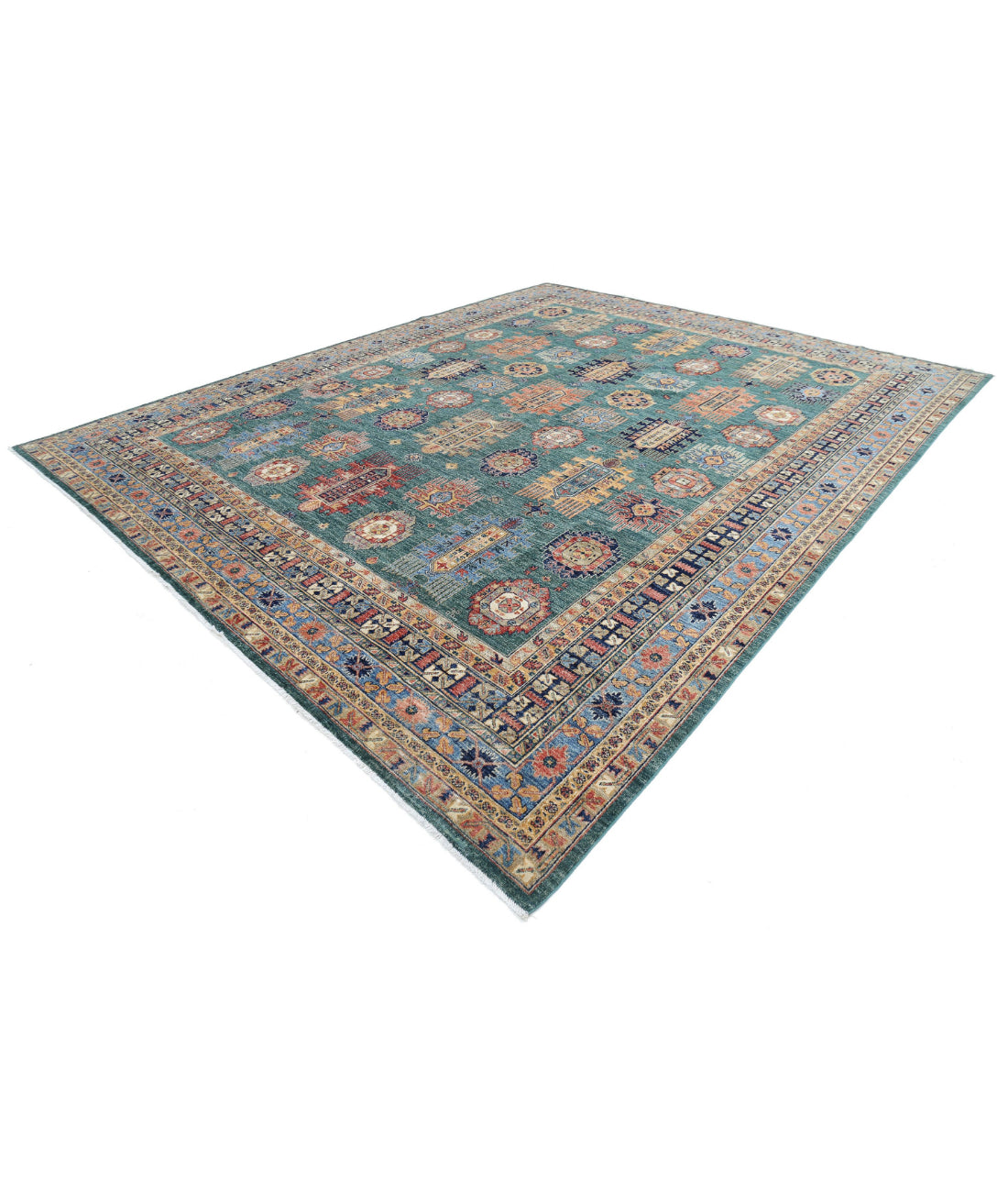 Hand Knotted Nomadic Caucasian Humna Wool Rug - 11'9'' x 14'7'' 11'9'' x 14'7'' (353 X 438) / Green / Blue