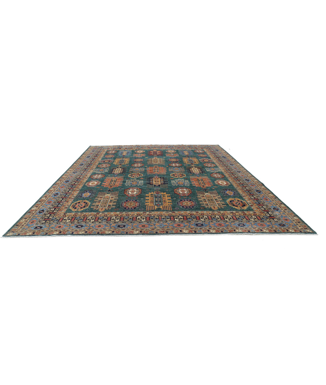 Hand Knotted Nomadic Caucasian Humna Wool Rug - 11'9'' x 14'7'' 11'9'' x 14'7'' (353 X 438) / Green / Blue