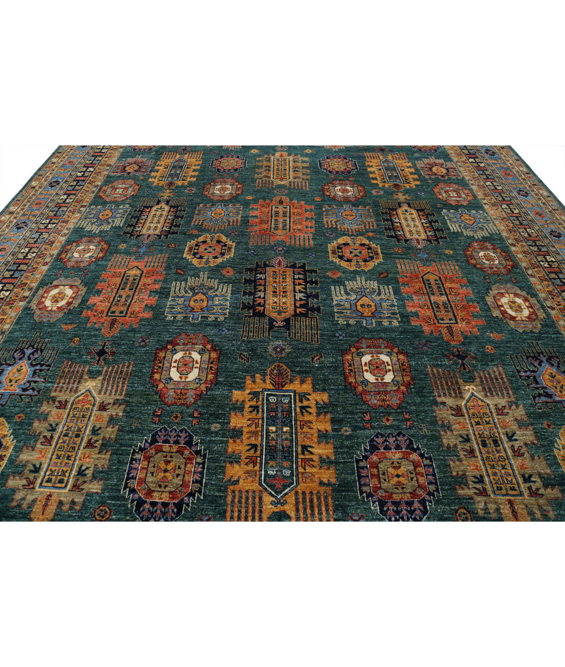 Hand Knotted Nomadic Caucasian Humna Wool Rug - 11'9'' x 14'7'' 11'9'' x 14'7'' (353 X 438) / Green / Blue