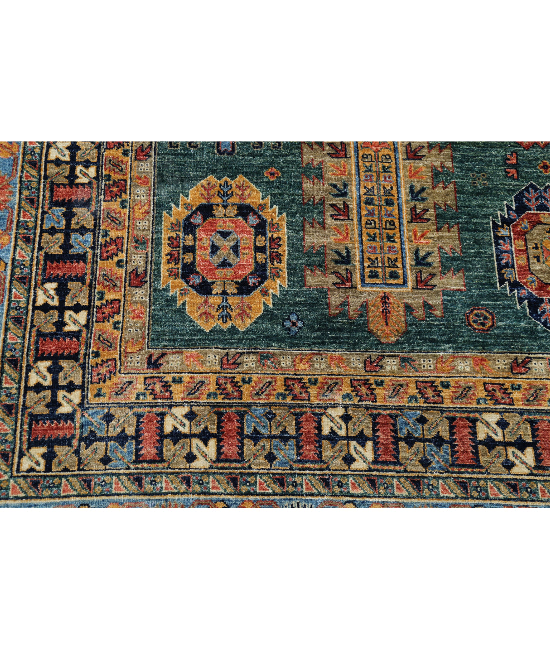 Hand Knotted Nomadic Caucasian Humna Wool Rug - 11'9'' x 14'7'' 11'9'' x 14'7'' (353 X 438) / Green / Blue