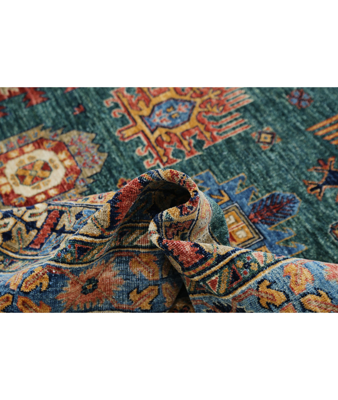 Hand Knotted Nomadic Caucasian Humna Wool Rug - 11'9'' x 14'7'' 11'9'' x 14'7'' (353 X 438) / Green / Blue