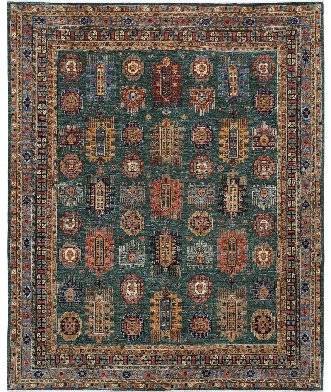 Hand Knotted Nomadic Caucasian Humna Wool Rug - 11&#39;9&#39;&#39; x 14&#39;7&#39;&#39; 11&#39;9&#39;&#39; x 14&#39;7&#39;&#39; (353 X 438) / Green / Blue
