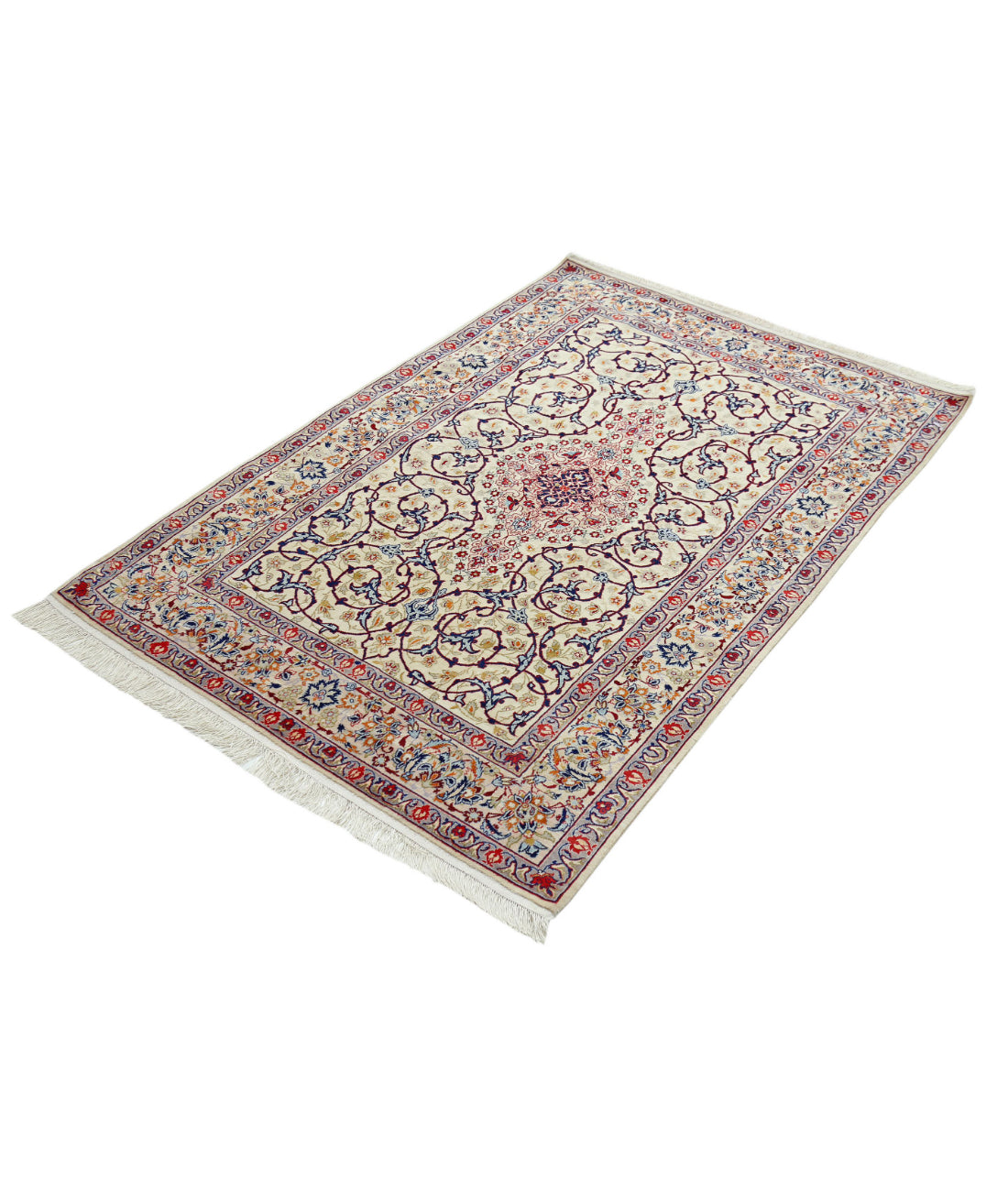 Hand Knotted Masterpiece Persian Isfahan Wool & Silk Rug - 3'7'' x 5'3'' 3'7'' x 5'3'' (108 X 158) / Ivory / Taupe