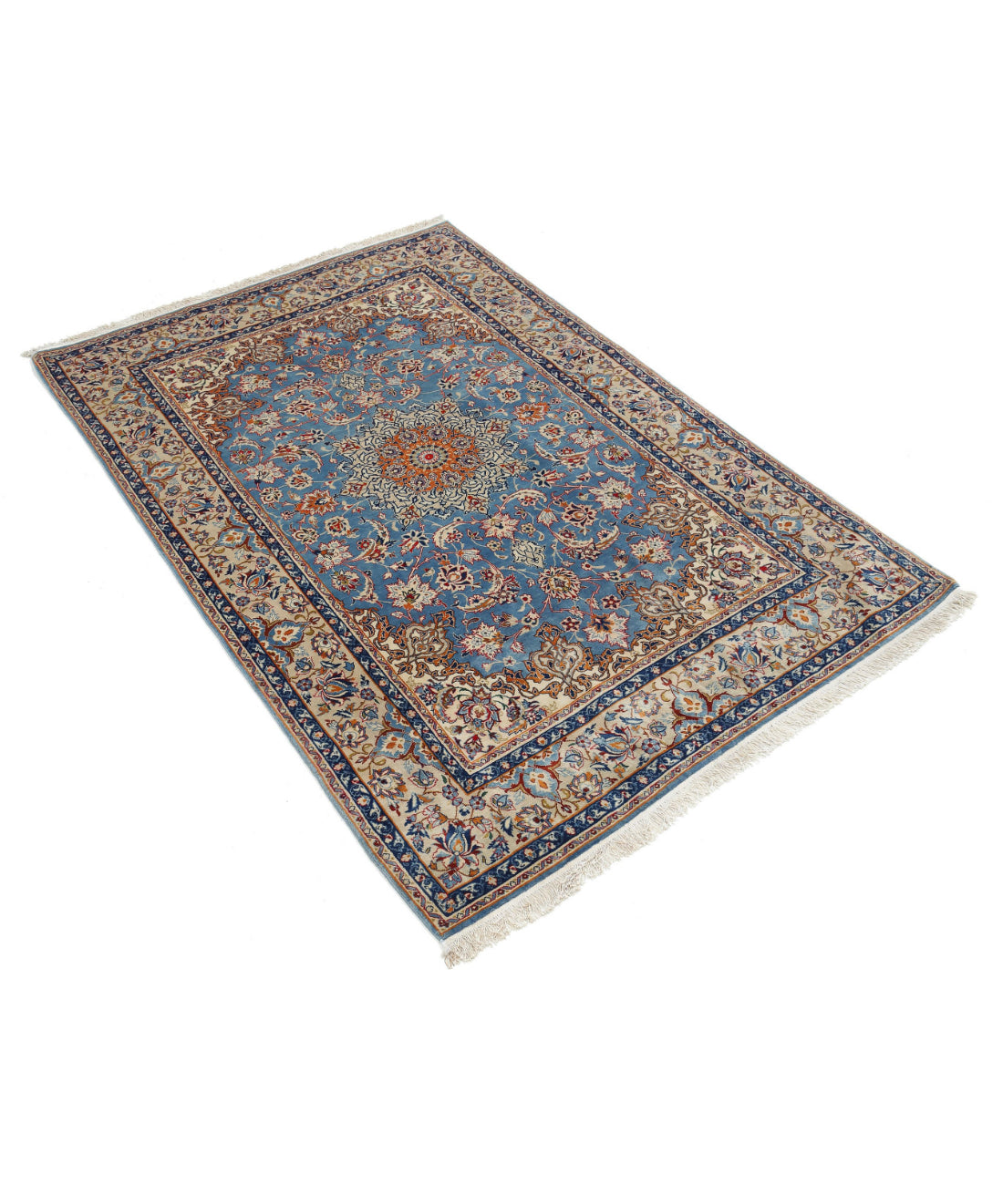 Hand Knotted Masterpiece Persian Isfahan Wool & Silk Rug - 3'6'' x 5'4'' 3'6'' x 5'4'' (105 X 160) / Blue / Beige