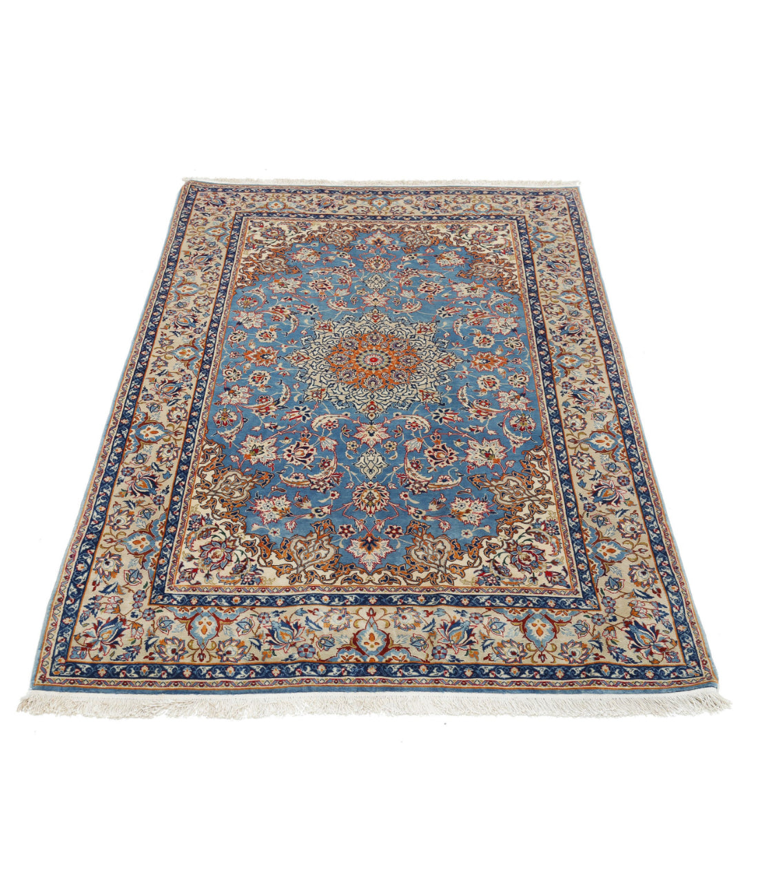 Hand Knotted Masterpiece Persian Isfahan Wool & Silk Rug - 3'6'' x 5'4'' 3'6'' x 5'4'' (105 X 160) / Blue / Beige