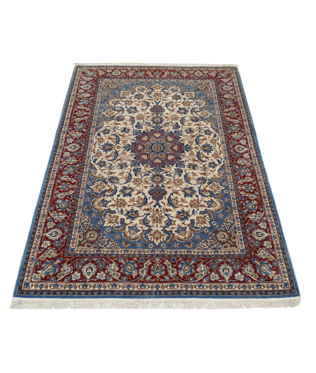 Hand Knotted Masterpiece Persian Isfahan Wool & Silk Rug - 3'7'' x 5'5'' 3'7'' x 5'5'' (108 X 163) / Ivory / Red