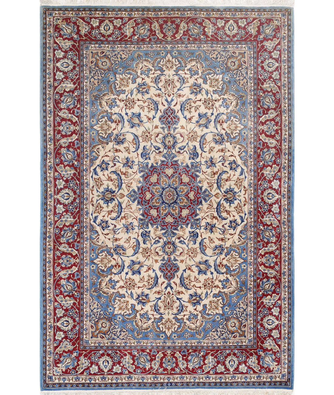 Hand Knotted Masterpiece Persian Isfahan Wool &amp; Silk Rug - 3&#39;7&#39;&#39; x 5&#39;5&#39;&#39; 3&#39;7&#39;&#39; x 5&#39;5&#39;&#39; (108 X 163) / Ivory / Red