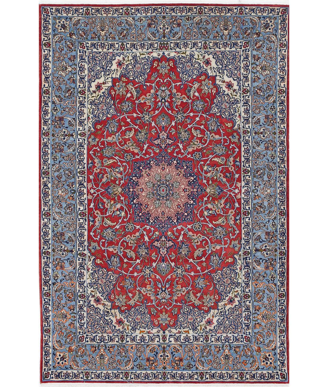 Hand Knotted Masterpiece Persian Isfahan Wool &amp; Silk Rug - 3&#39;6&#39;&#39; x 5&#39;5&#39;&#39; 3&#39;6&#39;&#39; x 5&#39;5&#39;&#39; (105 X 163) / Red / Blue