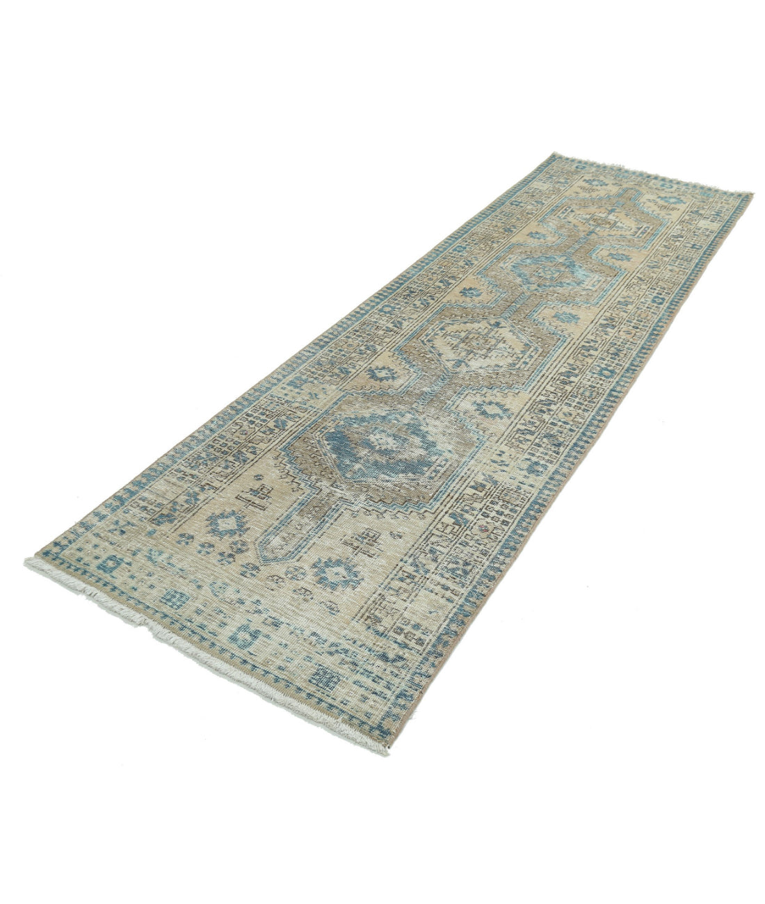 Hand Knotted Vintage Persian Heriz Wool Rug - 3'2'' x 10'6'' 3'2'' x 10'6'' (95 X 315) / Taupe / Ivory