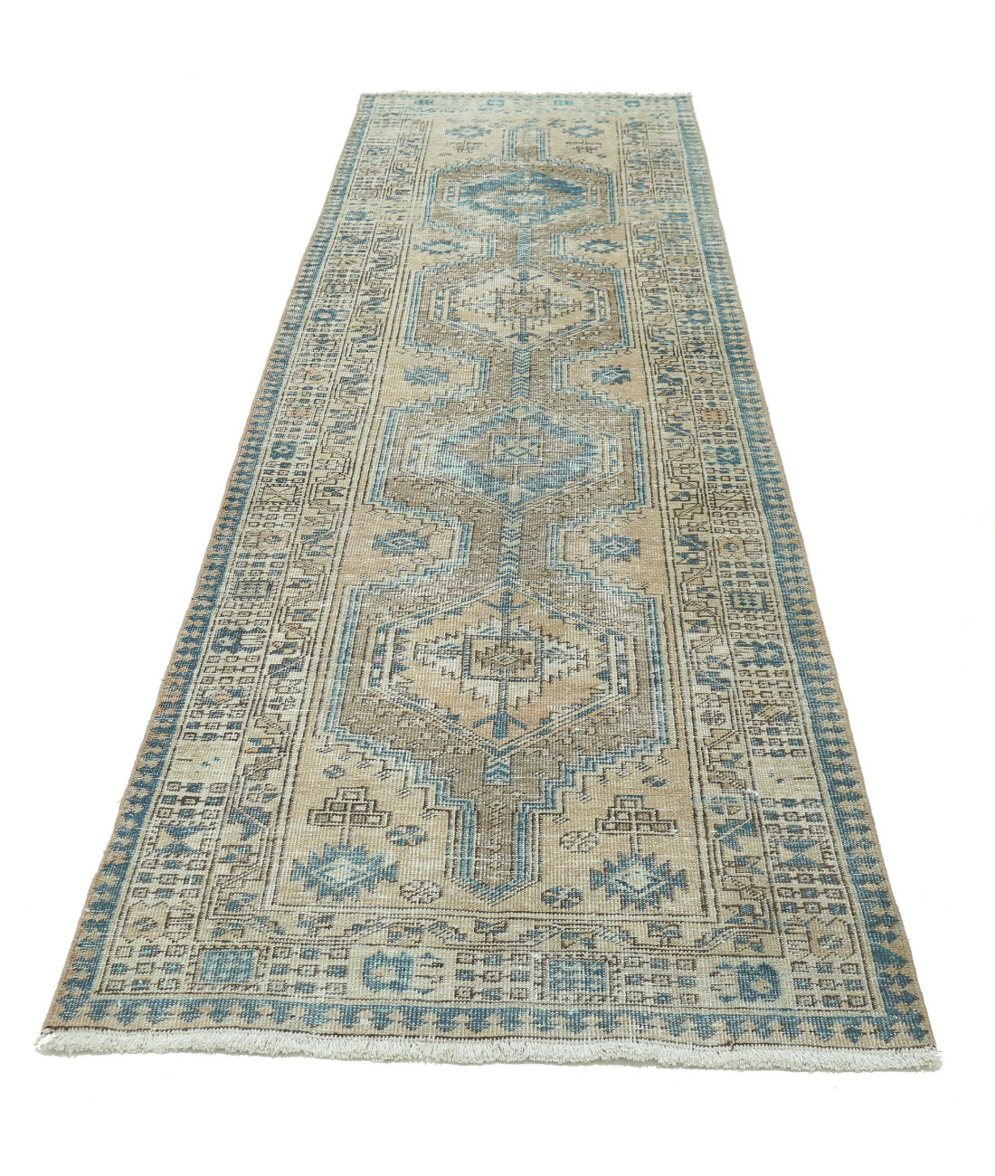 Hand Knotted Vintage Persian Heriz Wool Rug - 3'2'' x 10'6'' 3'2'' x 10'6'' (95 X 315) / Taupe / Ivory