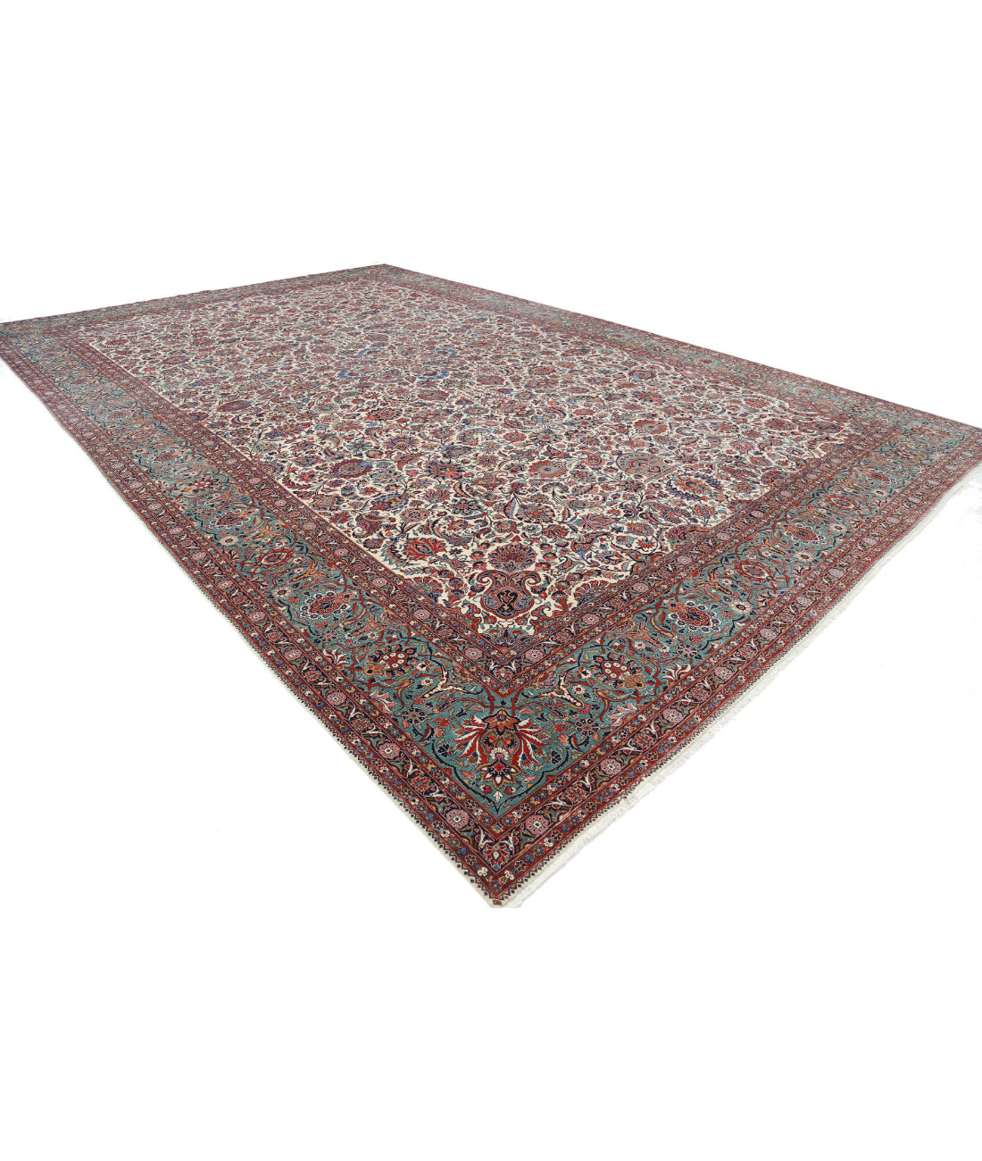 Hand Knotted Antique Masterpiece Persian Kashan Fine Wool Rug - 13'9'' x 21'6'' 13'9'' x 21'6'' (413 X 645) / Ivory / Green