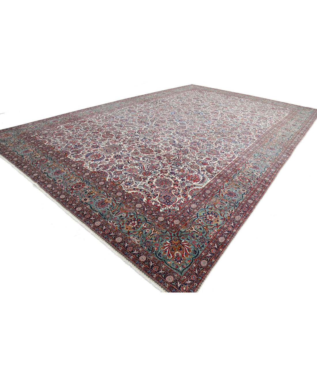 Hand Knotted Antique Masterpiece Persian Kashan Fine Wool Rug - 13'9'' x 21'6'' 13'9'' x 21'6'' (413 X 645) / Ivory / Green