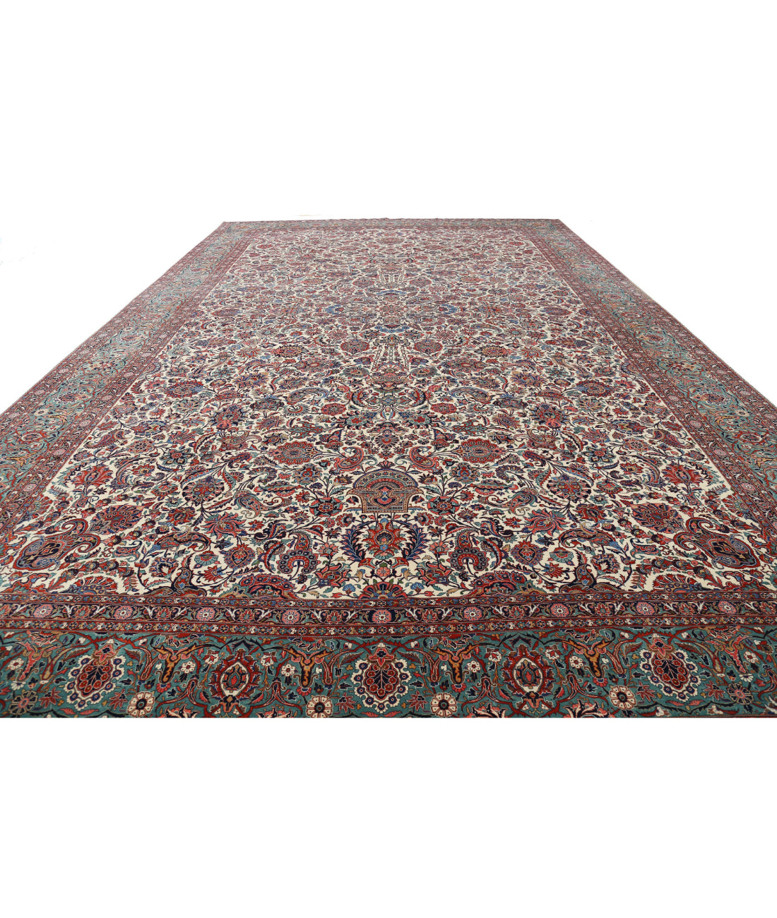 Hand Knotted Antique Masterpiece Persian Kashan Fine Wool Rug - 13'9'' x 21'6'' 13'9'' x 21'6'' (413 X 645) / Ivory / Green