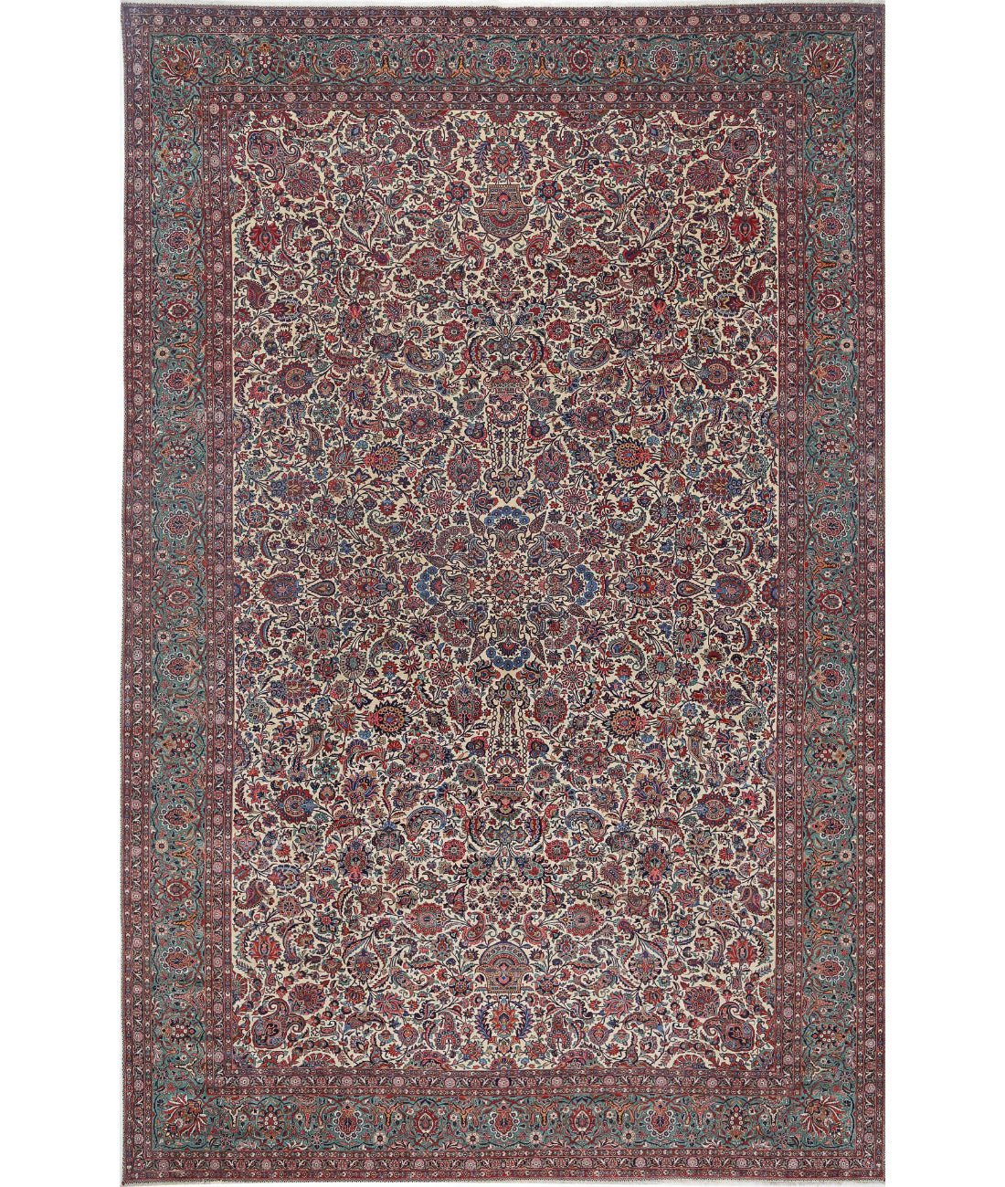 Hand Knotted Antique Masterpiece Persian Kashan Fine Wool Rug - 13&#39;9&#39;&#39; x 21&#39;6&#39;&#39; 13&#39;9&#39;&#39; x 21&#39;6&#39;&#39; (413 X 645) / Ivory / Green
