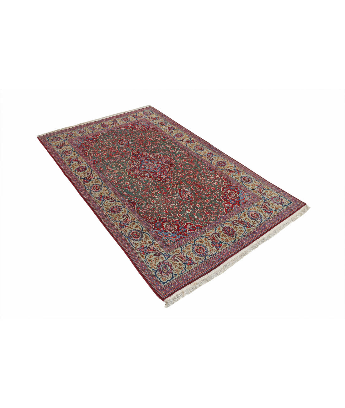 Hand Knotted Antique Persian Kashan Fine Wool & Silk Rug - 4'1'' x 6'9'' 4'1'' x 6'9'' (123 X 203) / Green / Multi