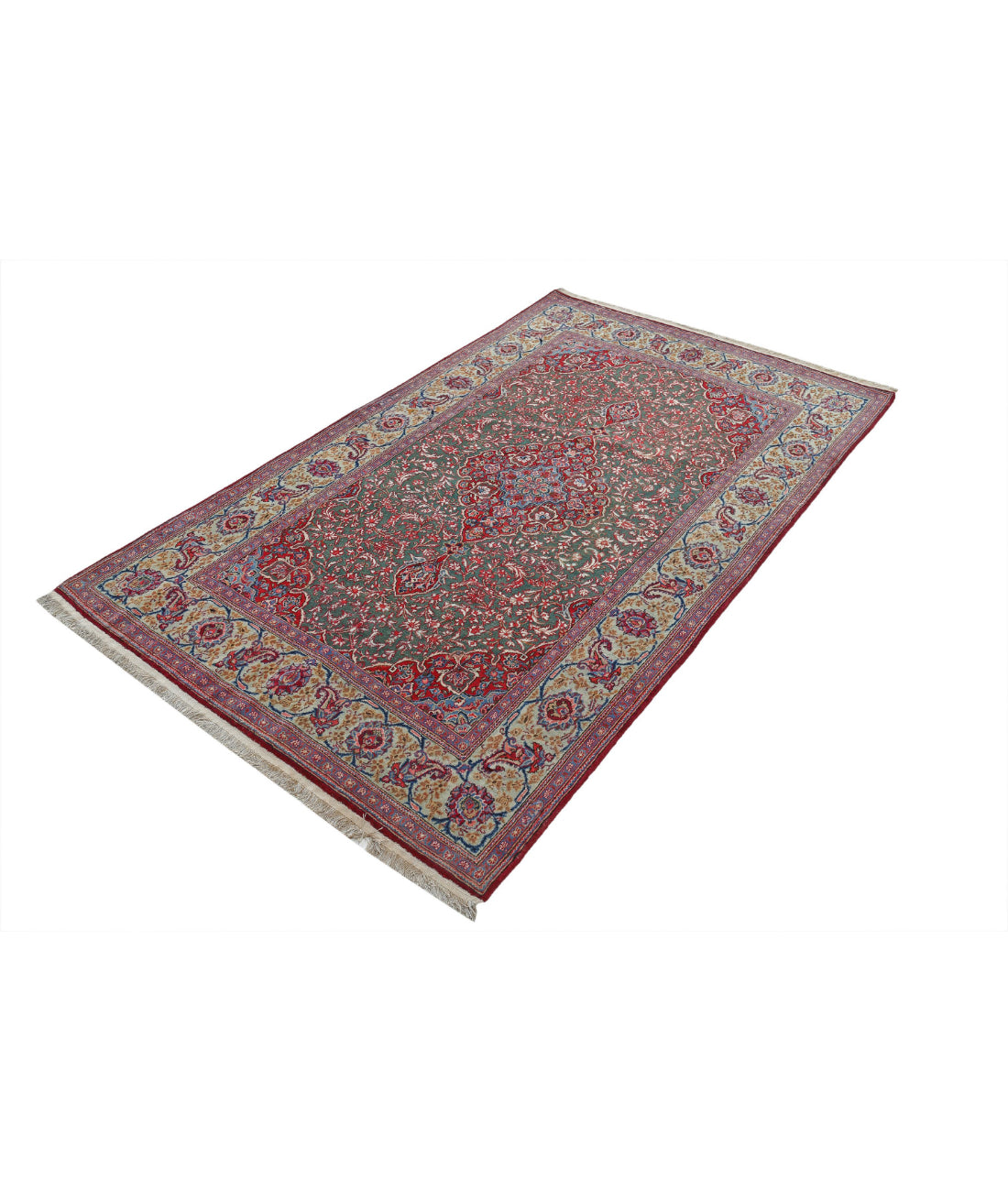 Hand Knotted Antique Persian Kashan Fine Wool & Silk Rug - 4'1'' x 6'9'' 4'1'' x 6'9'' (123 X 203) / Green / Multi