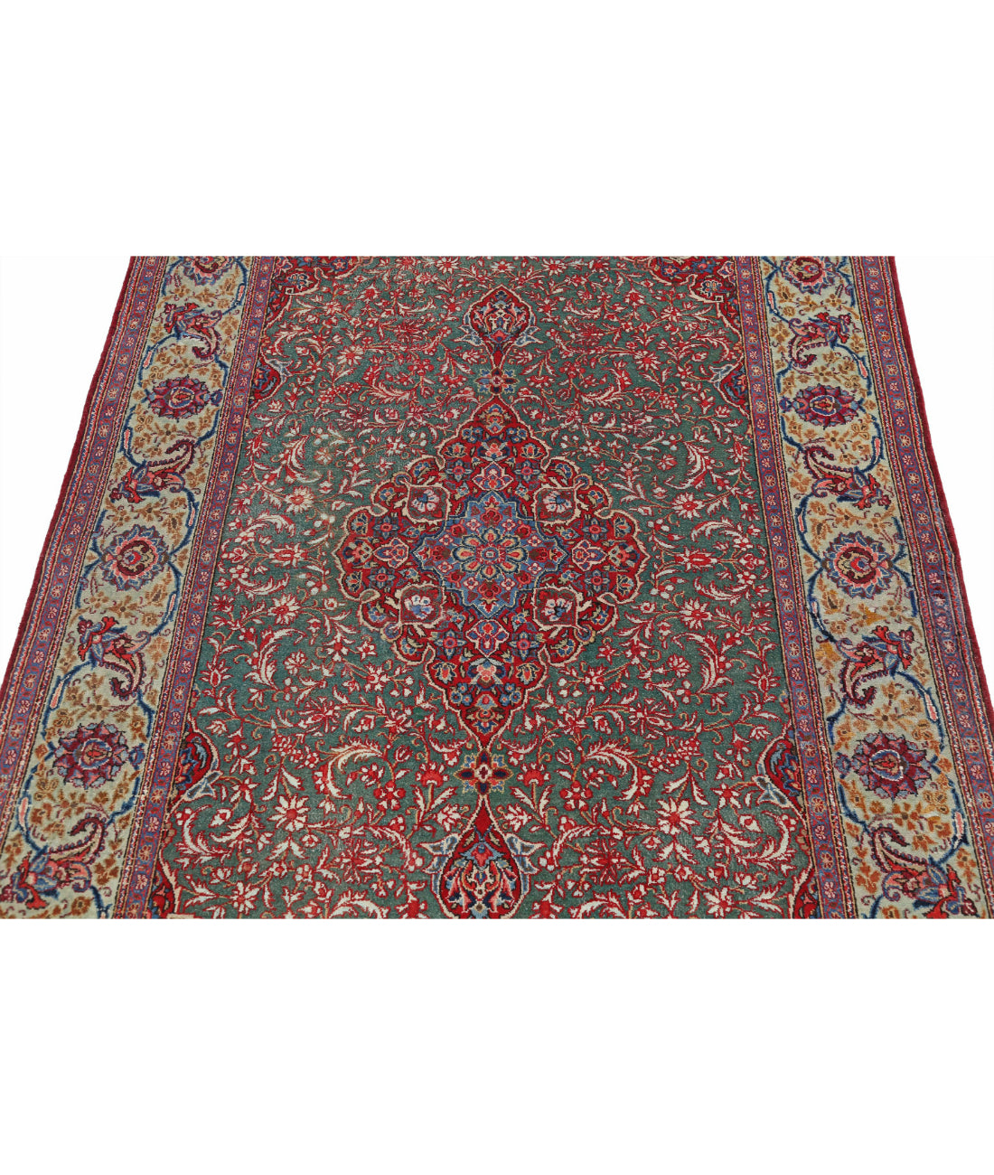 Hand Knotted Antique Persian Kashan Fine Wool & Silk Rug - 4'1'' x 6'9'' 4'1'' x 6'9'' (123 X 203) / Green / Multi