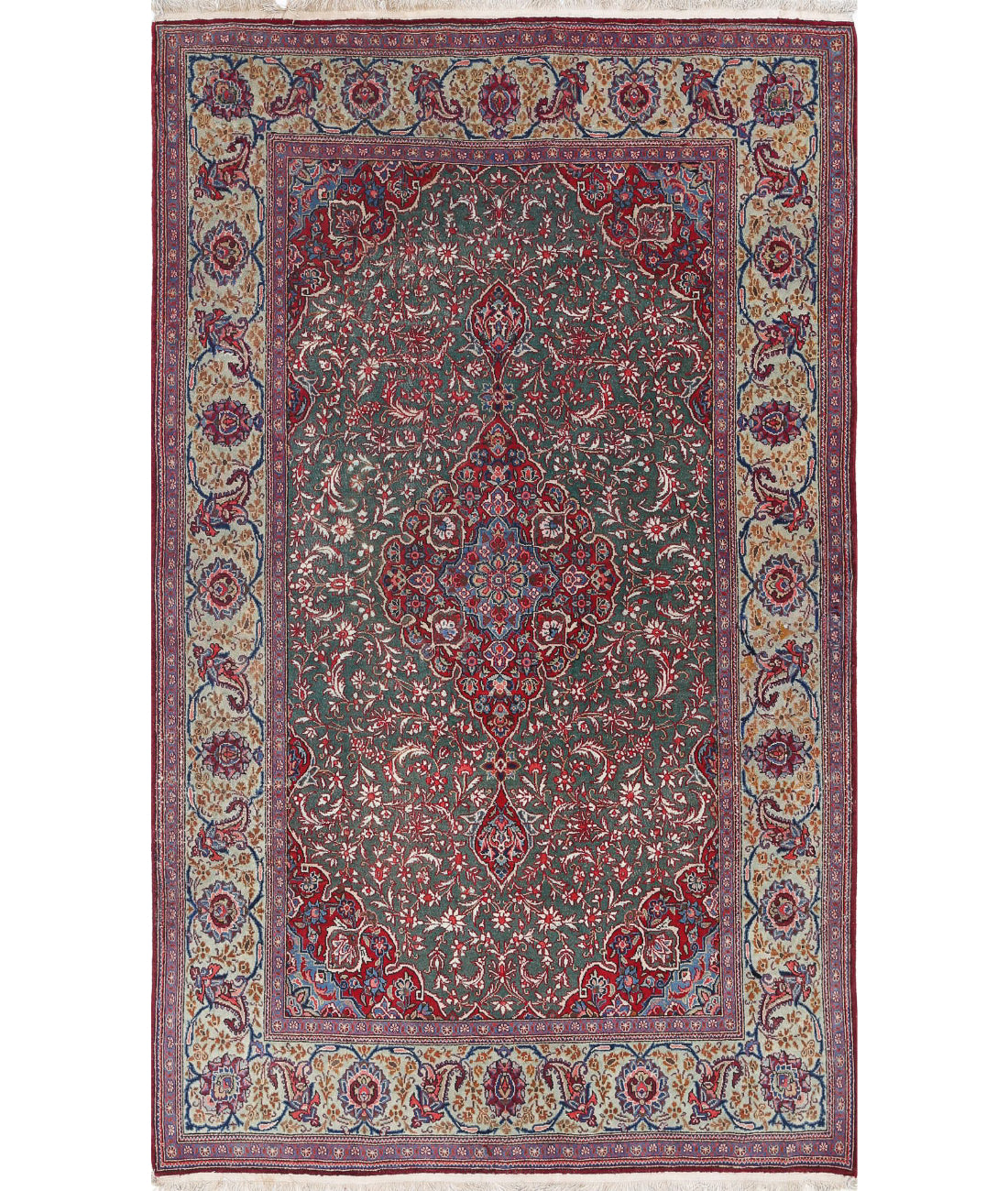 Hand Knotted Antique Persian Kashan Fine Wool & Silk Rug - 4'1'' x 6'9'' 4'1'' x 6'9'' (123 X 203) / Green / Multi