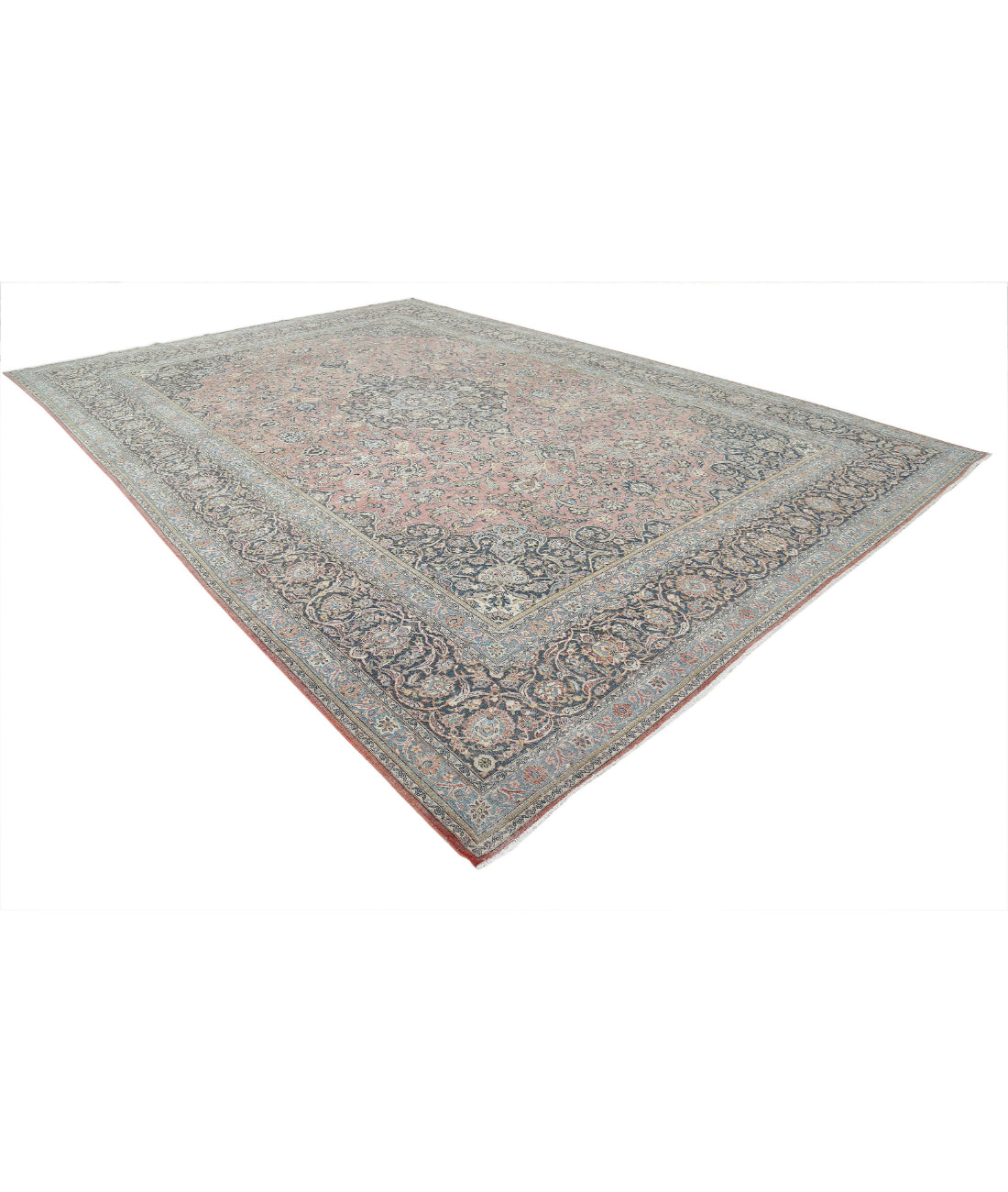 Hand Knotted Vintage Persian Kashan Wool Rug - 11'10'' x 17'3'' 11'10'' x 17'3'' (355 X 518) / Red / Blue